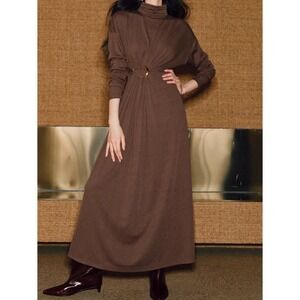 Commense Elegant Brown Mock Neck Long Sleeve‎ Maxi Dress Gold Buckle Size M